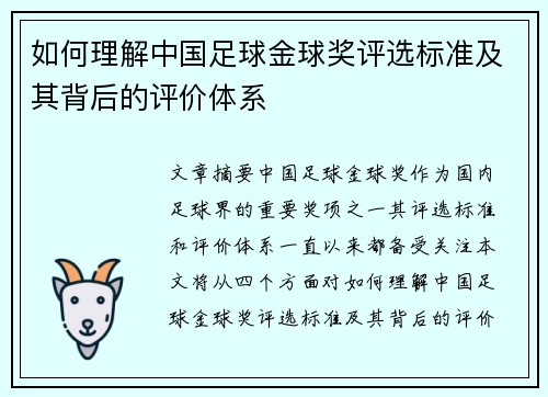 如何理解中国足球金球奖评选标准及其背后的评价体系