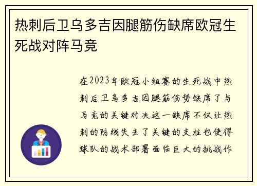 热刺后卫乌多吉因腿筋伤缺席欧冠生死战对阵马竞